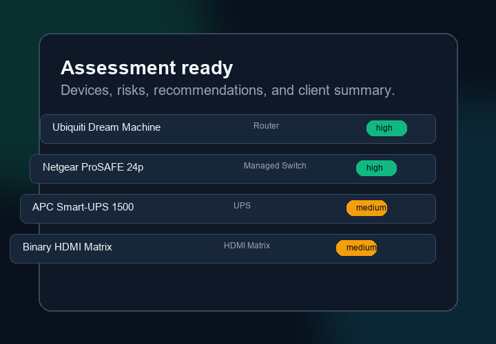 Animated RackScan demo showing an assessment report