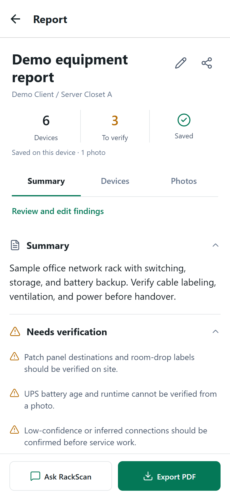 RackScan demo report showing six devices, three items to verify, editable findings, and PDF export.
