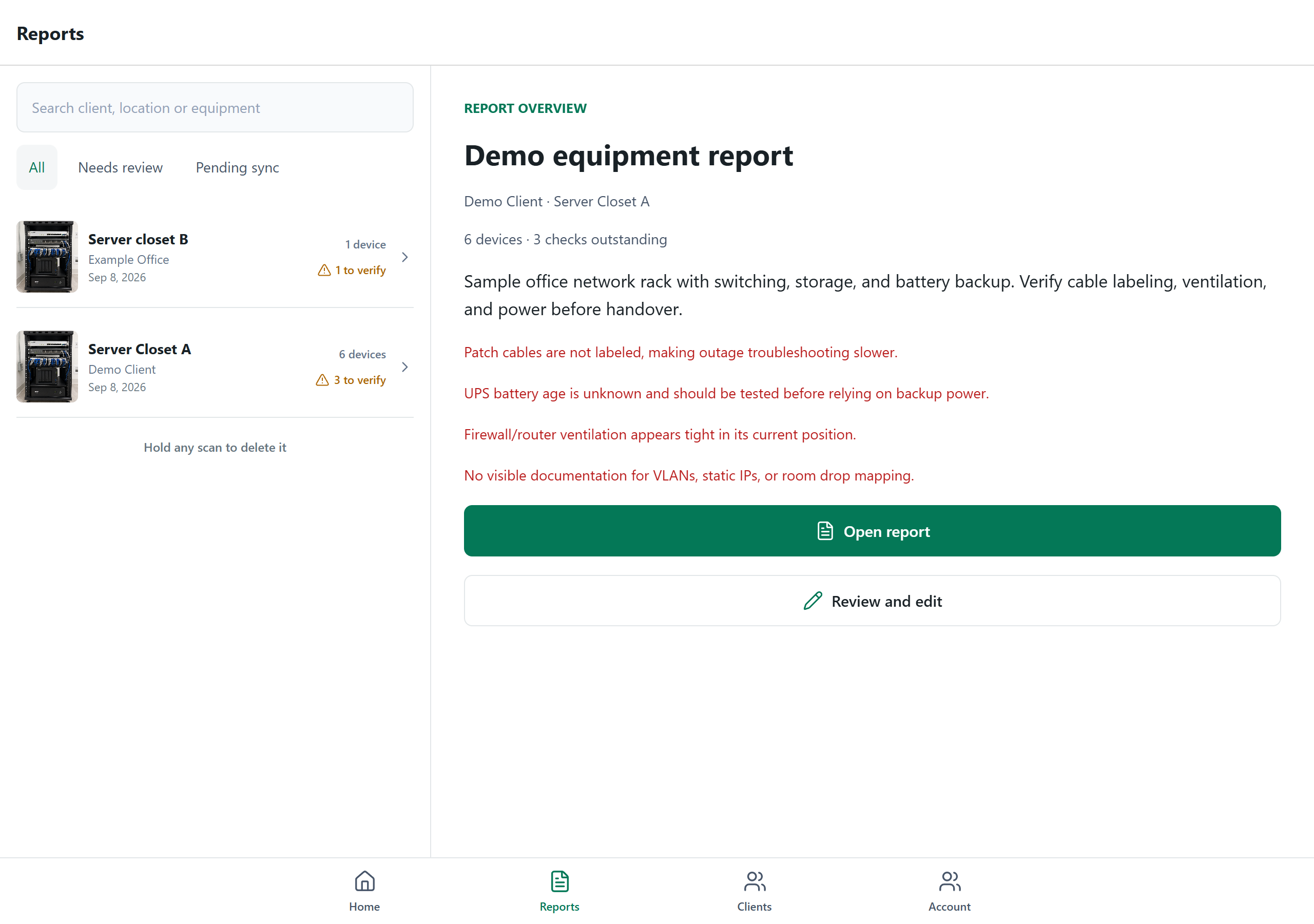 RackScan Reports on a wide screen, with report search, a saved-report list and the selected report beside it.